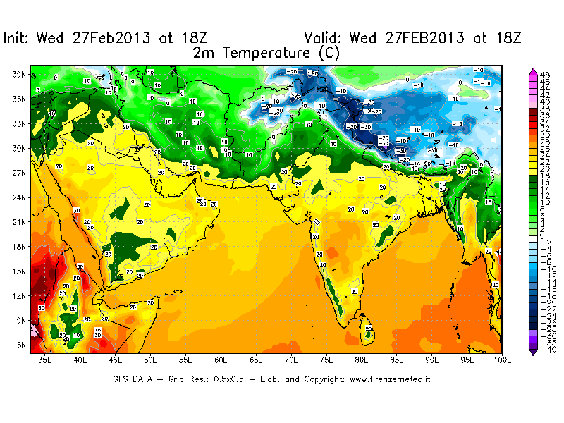 Mappa di analisi GFS - Temperatura a 2 metri dal suolo [°C] in Asia Sud-Occidentale
							del 27/02/2013 18 <!--googleoff: index-->UTC<!--googleon: index-->