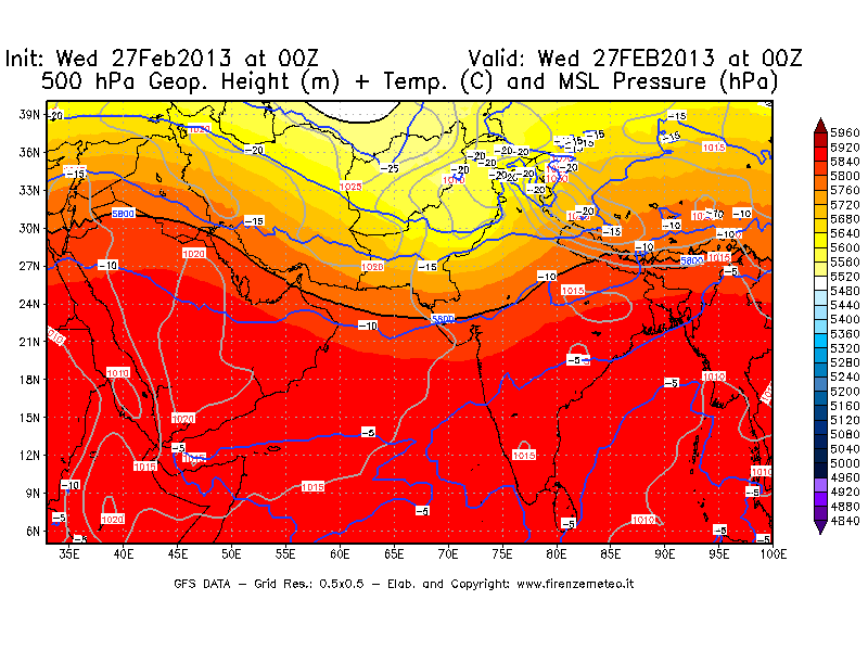 Mappa di analisi GFS - Geopotenziale [m] + Temp. [°C] a 500 hPa + Press. a livello del mare [hPa] in Asia Sud-Occidentale
							del 27/02/2013 00 <!--googleoff: index-->UTC<!--googleon: index-->