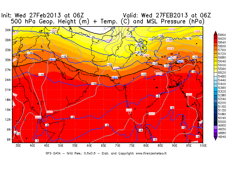 Mappa di analisi GFS - Geopotenziale [m] + Temp. [°C] a 500 hPa + Press. a livello del mare [hPa] in Asia Sud-Occidentale
							del 27/02/2013 06 <!--googleoff: index-->UTC<!--googleon: index-->
