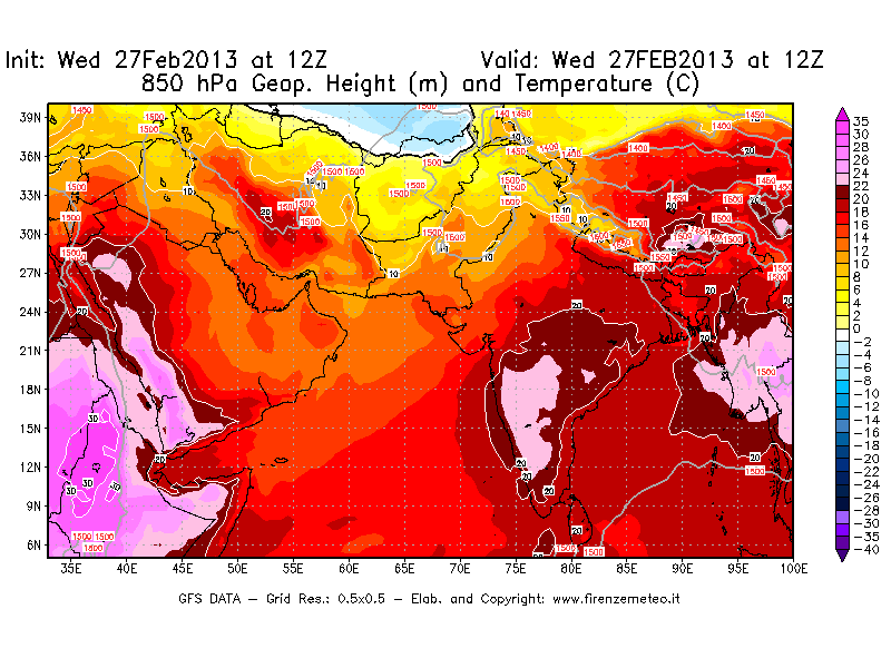 Mappa di analisi GFS - Geopotenziale [m] e Temperatura [°C] a 850 hPa in Asia Sud-Occidentale
							del 27/02/2013 12 <!--googleoff: index-->UTC<!--googleon: index-->