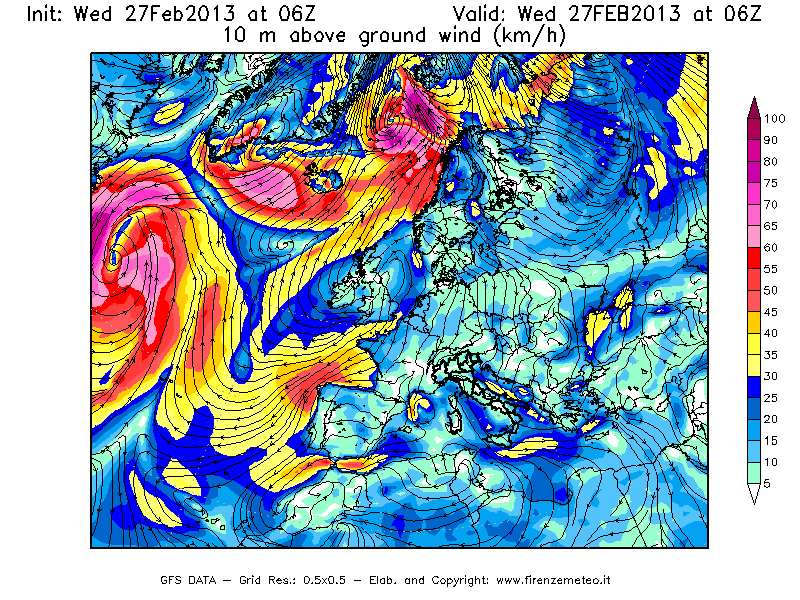 Mappa di analisi GFS - Velocità del vento a 10 metri dal suolo [km/h] in Europa
							del 27/02/2013 06 <!--googleoff: index-->UTC<!--googleon: index-->