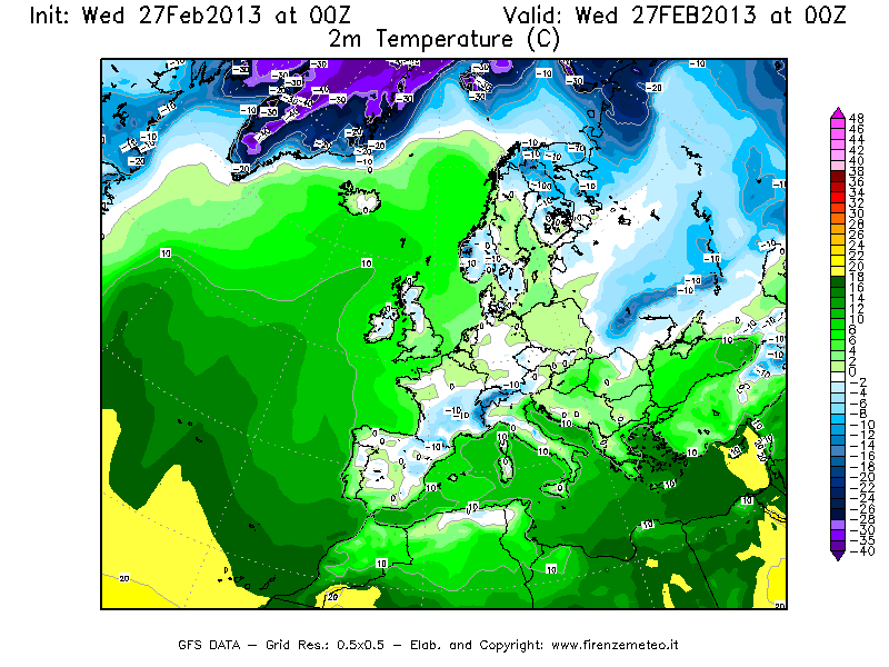 Mappa di analisi GFS - Temperatura a 2 metri dal suolo [°C] in Europa
							del 27/02/2013 00 <!--googleoff: index-->UTC<!--googleon: index-->