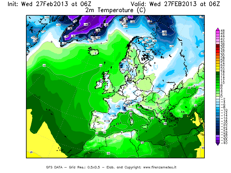 Mappa di analisi GFS - Temperatura a 2 metri dal suolo [°C] in Europa
							del 27/02/2013 06 <!--googleoff: index-->UTC<!--googleon: index-->