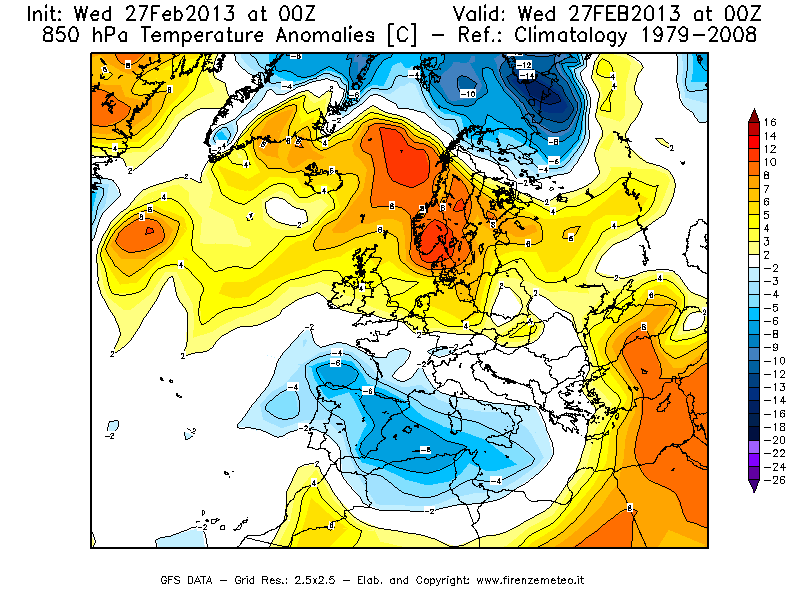 Mappa di analisi GFS - Anomalia Temperatura [°C] a 850 hPa in Europa
							del 27/02/2013 00 <!--googleoff: index-->UTC<!--googleon: index-->
