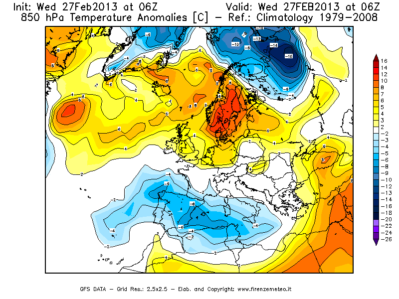 Mappa di analisi GFS - Anomalia Temperatura [°C] a 850 hPa in Europa
							del 27/02/2013 06 <!--googleoff: index-->UTC<!--googleon: index-->