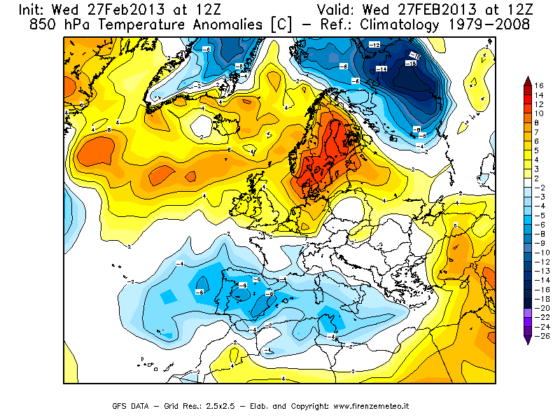 Mappa di analisi GFS - Anomalia Temperatura [°C] a 850 hPa in Europa
							del 27/02/2013 12 <!--googleoff: index-->UTC<!--googleon: index-->