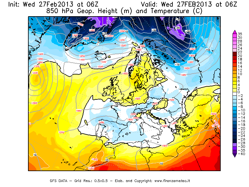 Mappa di analisi GFS - Geopotenziale [m] e Temperatura [°C] a 850 hPa in Europa
							del 27/02/2013 06 <!--googleoff: index-->UTC<!--googleon: index-->
