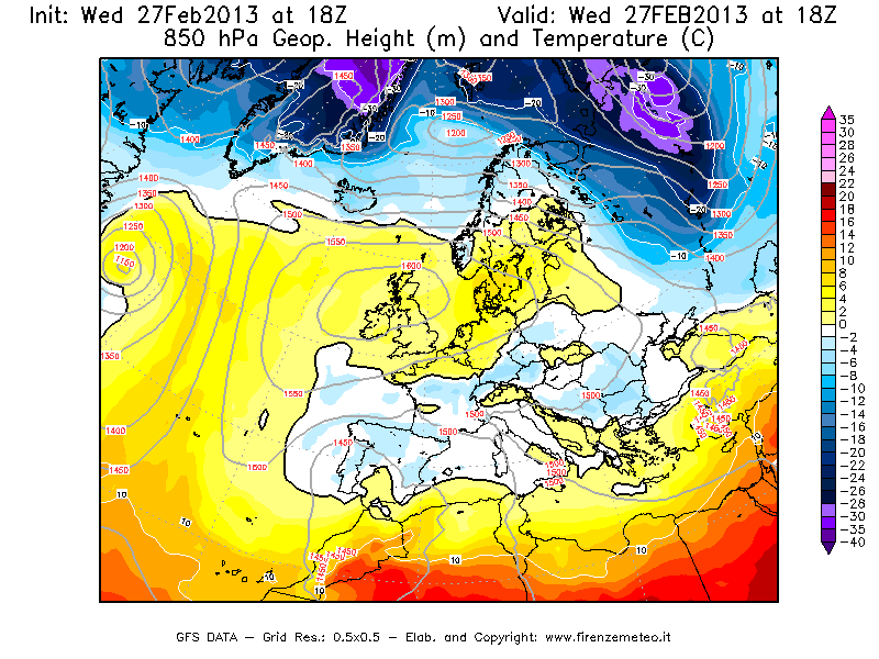 Mappa di analisi GFS - Geopotenziale [m] e Temperatura [°C] a 850 hPa in Europa
							del 27/02/2013 18 <!--googleoff: index-->UTC<!--googleon: index-->