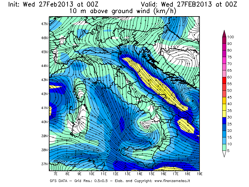 Mappa di analisi GFS - Velocità del vento a 10 metri dal suolo [km/h] in Italia
							del 27/02/2013 00 <!--googleoff: index-->UTC<!--googleon: index-->