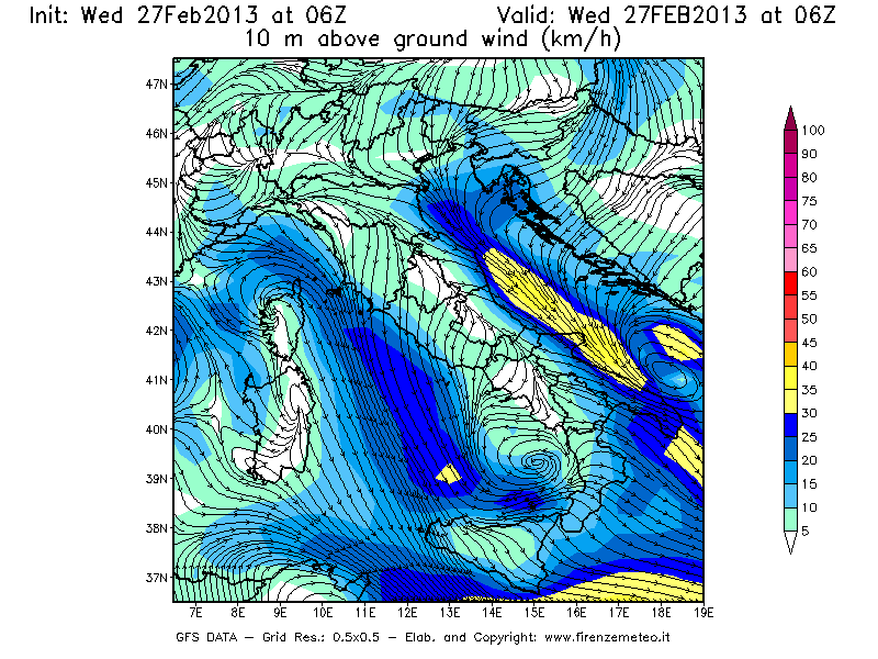 Mappa di analisi GFS - Velocità del vento a 10 metri dal suolo [km/h] in Italia
							del 27/02/2013 06 <!--googleoff: index-->UTC<!--googleon: index-->