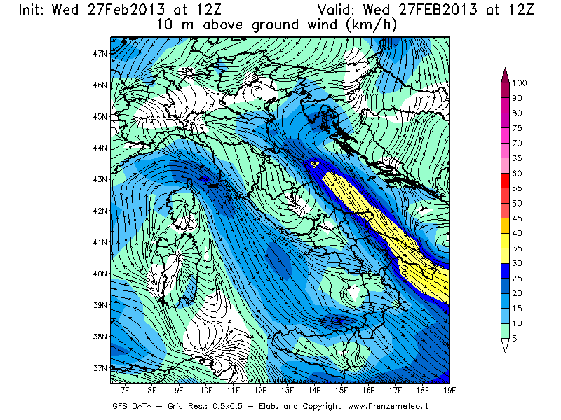 Mappa di analisi GFS - Velocità del vento a 10 metri dal suolo [km/h] in Italia
							del 27/02/2013 12 <!--googleoff: index-->UTC<!--googleon: index-->