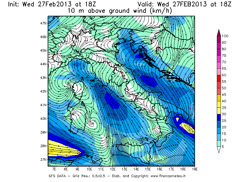 Mappa di analisi GFS - Velocità del vento a 10 metri dal suolo [km/h] in Italia
							del 27/02/2013 18 <!--googleoff: index-->UTC<!--googleon: index-->