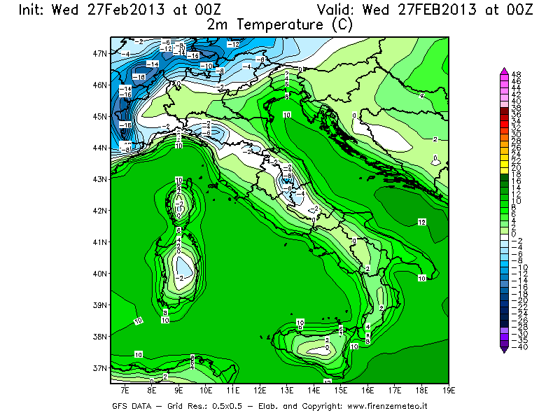 Mappa di analisi GFS - Temperatura a 2 metri dal suolo [°C] in Italia
							del 27/02/2013 00 <!--googleoff: index-->UTC<!--googleon: index-->