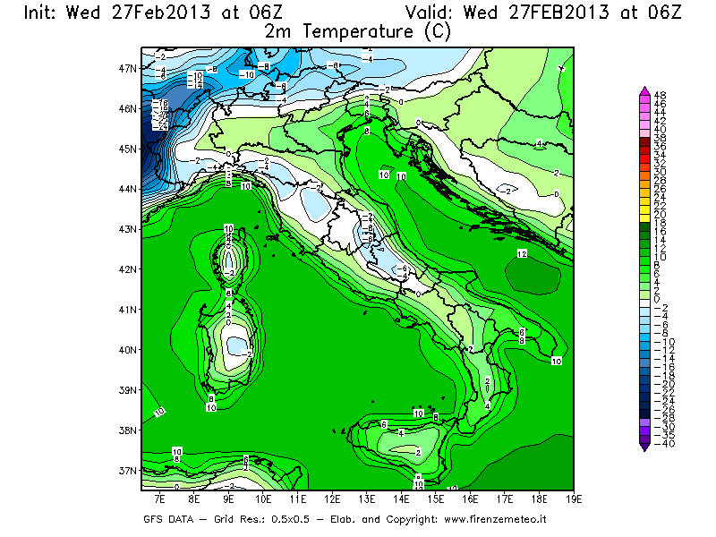 Mappa di analisi GFS - Temperatura a 2 metri dal suolo [°C] in Italia
							del 27/02/2013 06 <!--googleoff: index-->UTC<!--googleon: index-->