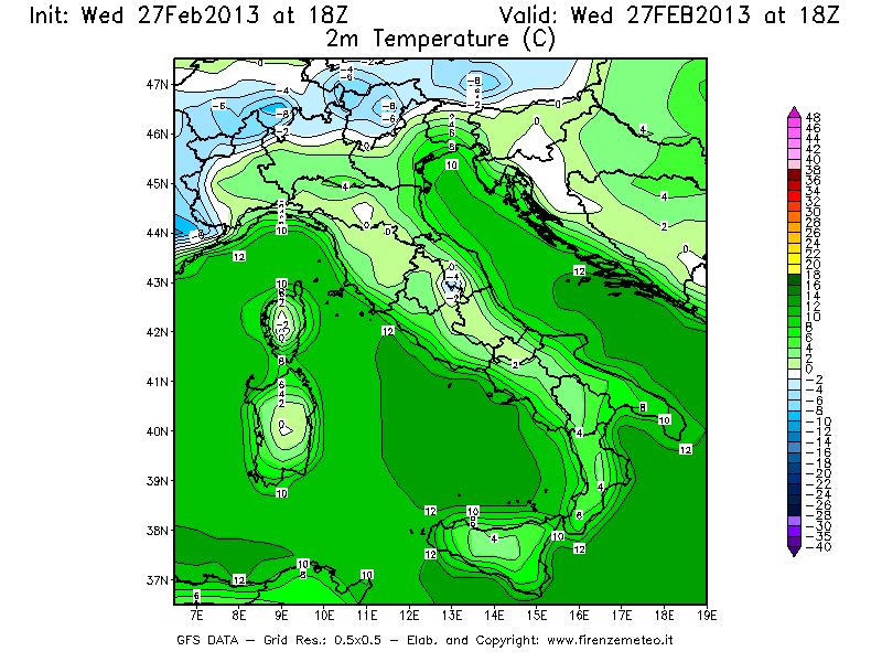 Mappa di analisi GFS - Temperatura a 2 metri dal suolo [°C] in Italia
							del 27/02/2013 18 <!--googleoff: index-->UTC<!--googleon: index-->