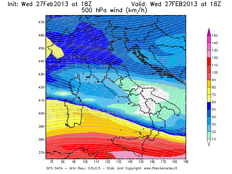 Mappa di analisi GFS - Velocità del vento a 500 hPa [km/h] in Italia
							del 27/02/2013 18 <!--googleoff: index-->UTC<!--googleon: index-->