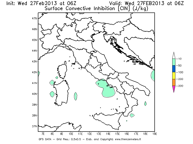 Mappa di analisi GFS - CIN [J/kg] in Italia
							del 27/02/2013 06 <!--googleoff: index-->UTC<!--googleon: index-->
