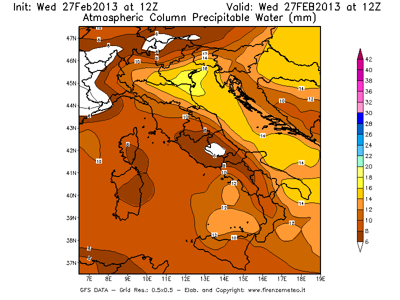 Mappa di analisi GFS - Precipitable Water [mm] in Italia
							del 27/02/2013 12 <!--googleoff: index-->UTC<!--googleon: index-->