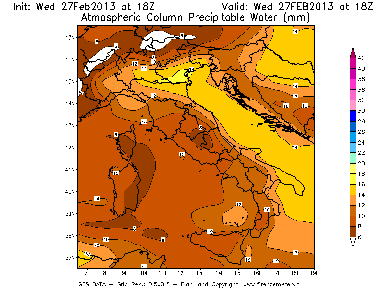 Mappa di analisi GFS - Precipitable Water [mm] in Italia
							del 27/02/2013 18 <!--googleoff: index-->UTC<!--googleon: index-->