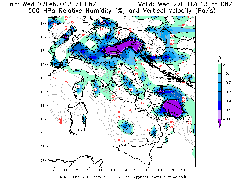 Mappa di analisi GFS - Umidità relativa [%] e Omega [Pa/s] a 500 hPa in Italia
							del 27/02/2013 06 <!--googleoff: index-->UTC<!--googleon: index-->