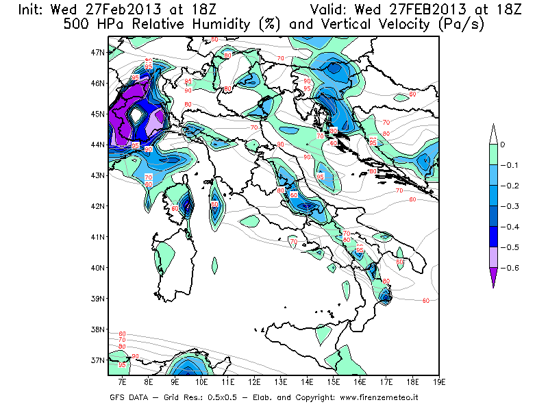 Mappa di analisi GFS - Umidità relativa [%] e Omega [Pa/s] a 500 hPa in Italia
							del 27/02/2013 18 <!--googleoff: index-->UTC<!--googleon: index-->