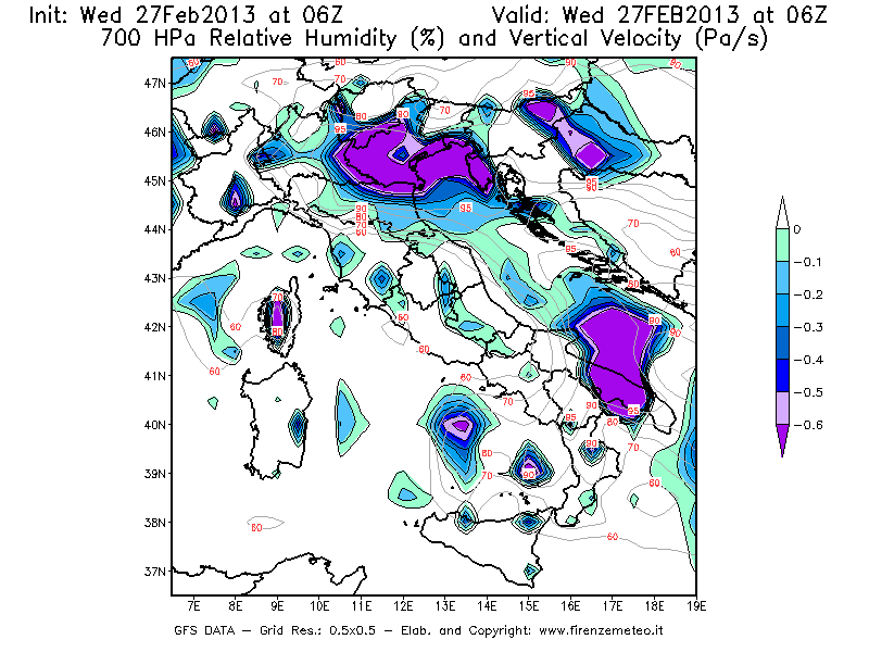 Mappa di analisi GFS - Umidità relativa [%] e Omega [Pa/s] a 700 hPa in Italia
							del 27/02/2013 06 <!--googleoff: index-->UTC<!--googleon: index-->