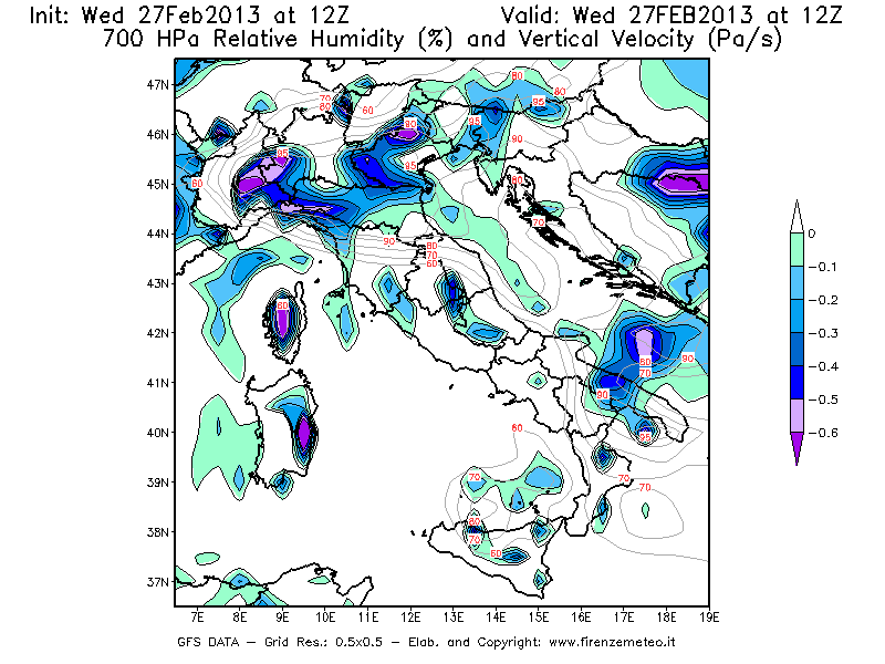 Mappa di analisi GFS - Umidità relativa [%] e Omega [Pa/s] a 700 hPa in Italia
							del 27/02/2013 12 <!--googleoff: index-->UTC<!--googleon: index-->