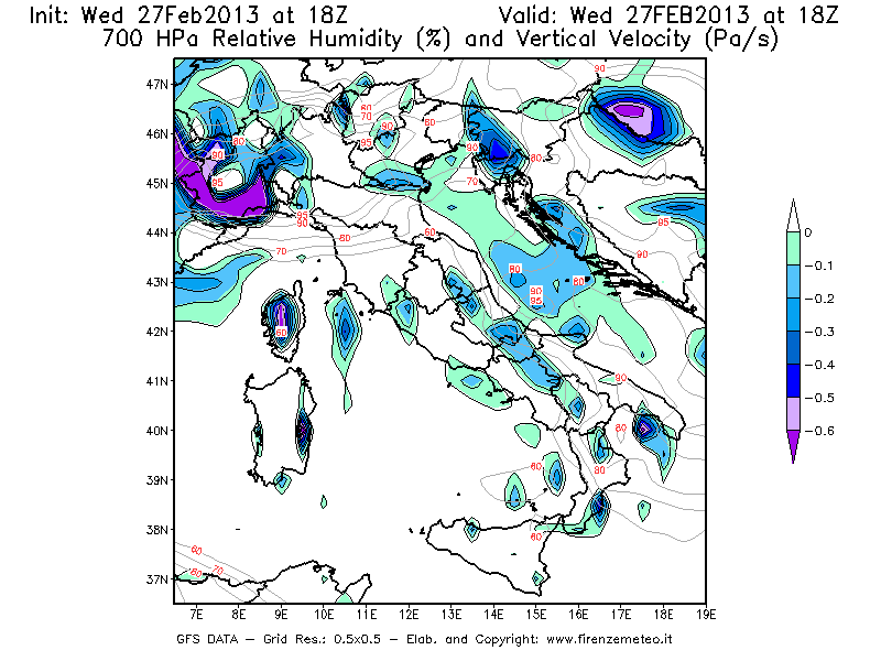 Mappa di analisi GFS - Umidità relativa [%] e Omega [Pa/s] a 700 hPa in Italia
							del 27/02/2013 18 <!--googleoff: index-->UTC<!--googleon: index-->