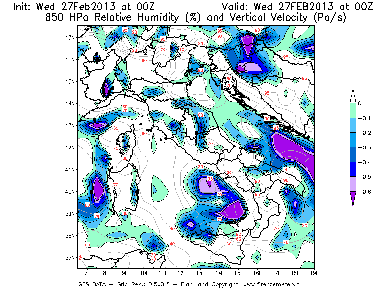 Mappa di analisi GFS - Umidità relativa [%] e Omega [Pa/s] a 850 hPa in Italia
							del 27/02/2013 00 <!--googleoff: index-->UTC<!--googleon: index-->