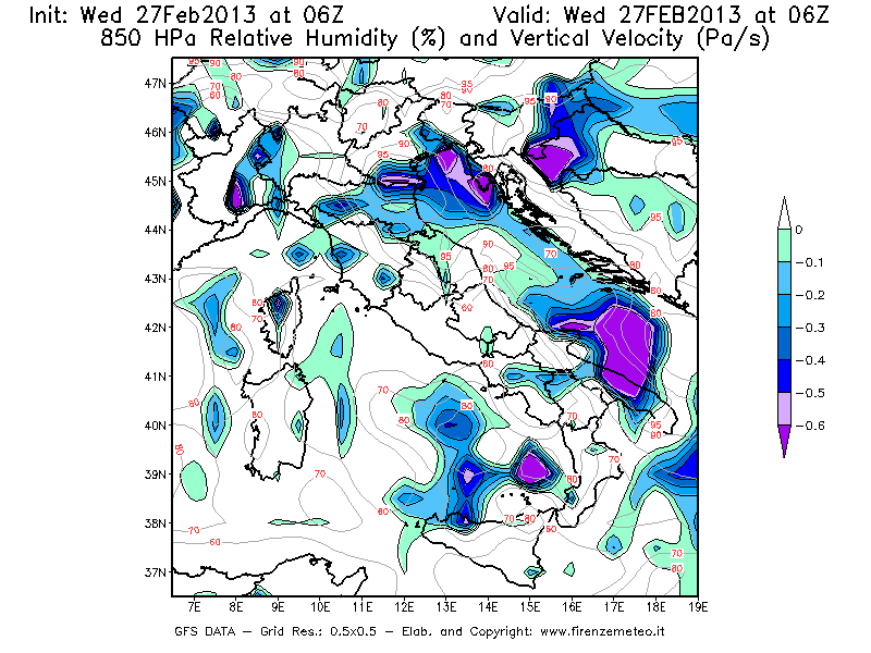 Mappa di analisi GFS - Umidità relativa [%] e Omega [Pa/s] a 850 hPa in Italia
							del 27/02/2013 06 <!--googleoff: index-->UTC<!--googleon: index-->