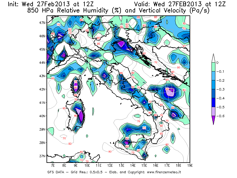 Mappa di analisi GFS - Umidità relativa [%] e Omega [Pa/s] a 850 hPa in Italia
							del 27/02/2013 12 <!--googleoff: index-->UTC<!--googleon: index-->