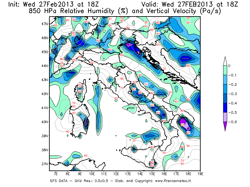 Mappa di analisi GFS - Umidità relativa [%] e Omega [Pa/s] a 850 hPa in Italia
							del 27/02/2013 18 <!--googleoff: index-->UTC<!--googleon: index-->