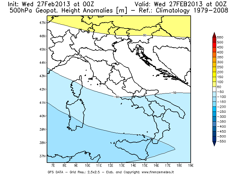 Mappa di analisi GFS - Anomalia di Geopotenziale a 500 hPa in Italia
							del 27/02/2013 00 <!--googleoff: index-->UTC<!--googleon: index-->
