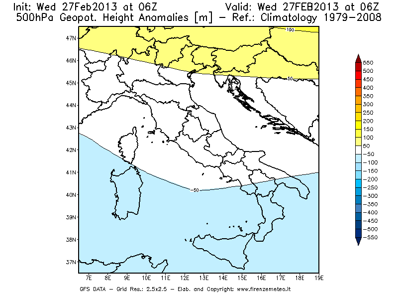 Mappa di analisi GFS - Anomalia di Geopotenziale a 500 hPa in Italia
							del 27/02/2013 06 <!--googleoff: index-->UTC<!--googleon: index-->