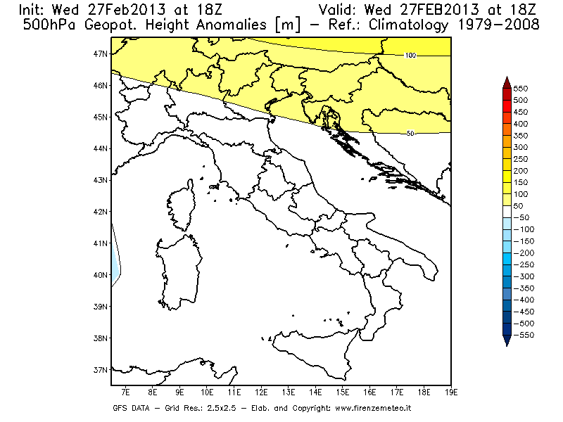 Mappa di analisi GFS - Anomalia di Geopotenziale a 500 hPa in Italia
							del 27/02/2013 18 <!--googleoff: index-->UTC<!--googleon: index-->
