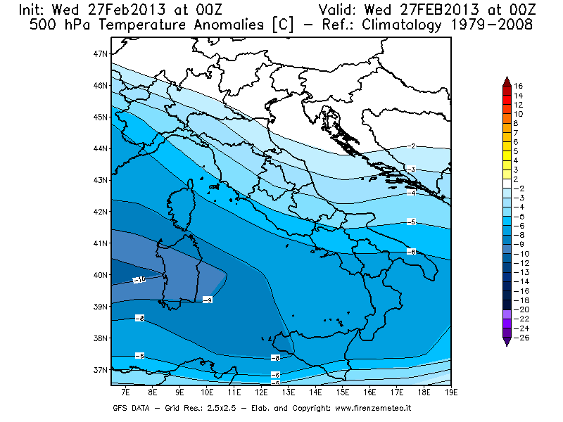 Mappa di analisi GFS - Anomalia Temperatura [°C] a 500 hPa in Italia
							del 27/02/2013 00 <!--googleoff: index-->UTC<!--googleon: index-->