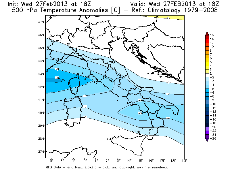 Mappa di analisi GFS - Anomalia Temperatura [°C] a 500 hPa in Italia
							del 27/02/2013 18 <!--googleoff: index-->UTC<!--googleon: index-->