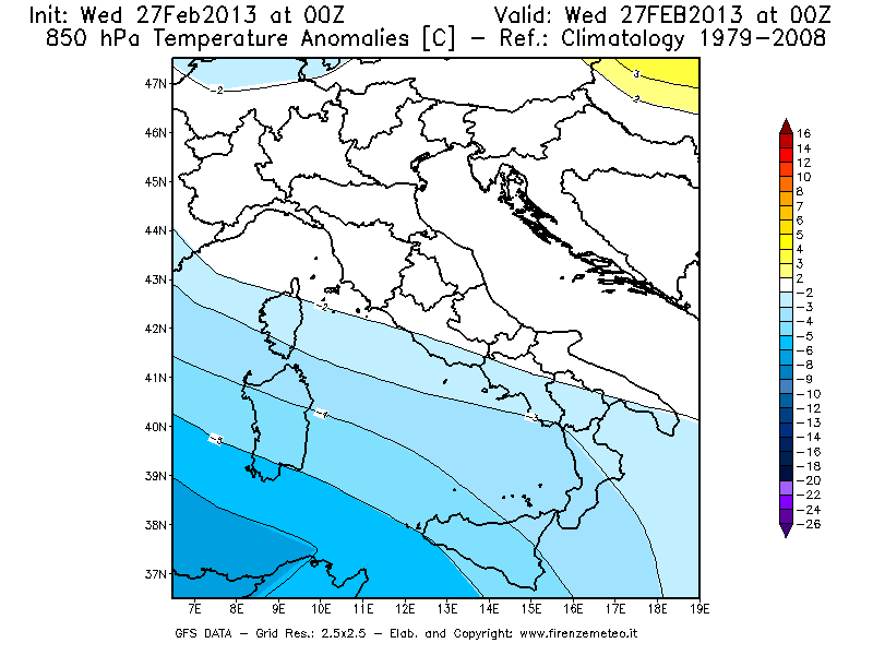 Mappa di analisi GFS - Anomalia Temperatura [°C] a 850 hPa in Italia
							del 27/02/2013 00 <!--googleoff: index-->UTC<!--googleon: index-->