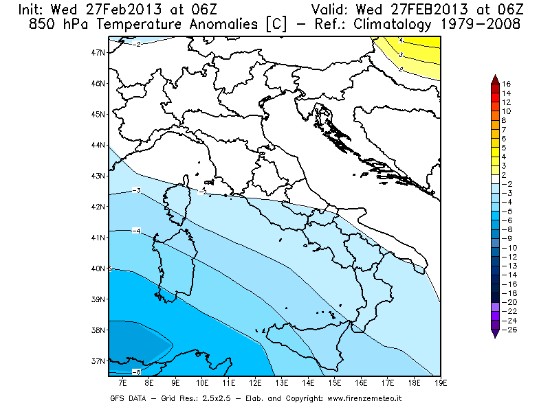 Mappa di analisi GFS - Anomalia Temperatura [°C] a 850 hPa in Italia
							del 27/02/2013 06 <!--googleoff: index-->UTC<!--googleon: index-->