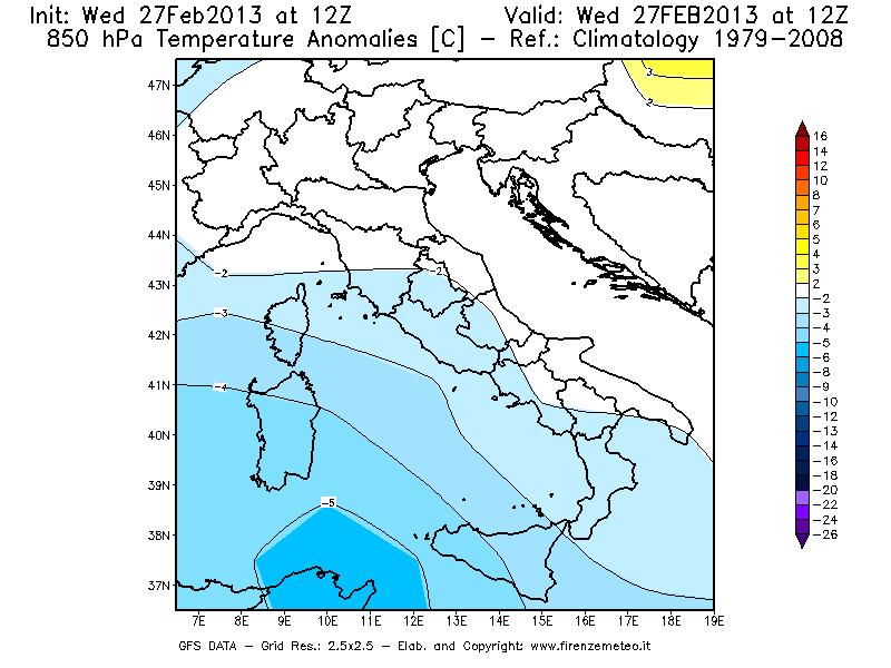 Mappa di analisi GFS - Anomalia Temperatura [°C] a 850 hPa in Italia
							del 27/02/2013 12 <!--googleoff: index-->UTC<!--googleon: index-->