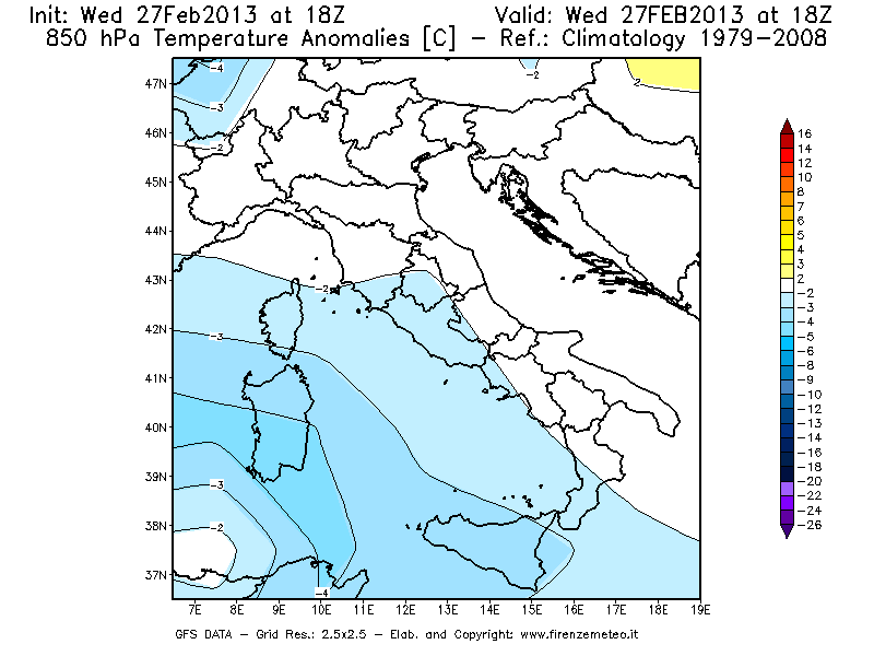 Mappa di analisi GFS - Anomalia Temperatura [°C] a 850 hPa in Italia
							del 27/02/2013 18 <!--googleoff: index-->UTC<!--googleon: index-->