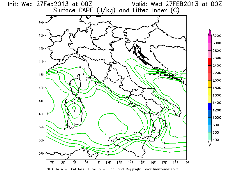 Mappa di analisi GFS - CAPE [J/kg] e Lifted Index [°C] in Italia
							del 27/02/2013 00 <!--googleoff: index-->UTC<!--googleon: index-->