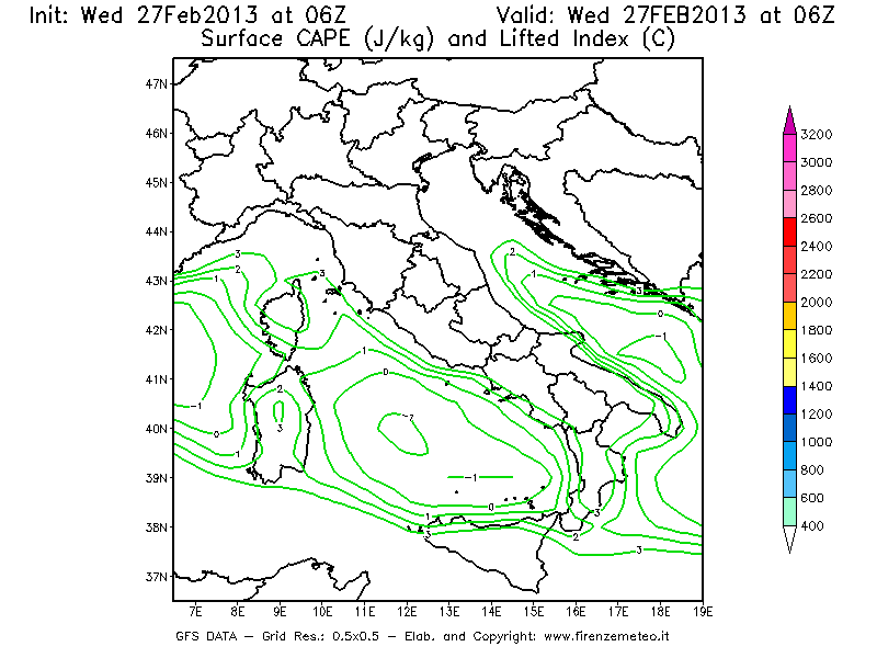 Mappa di analisi GFS - CAPE [J/kg] e Lifted Index [°C] in Italia
							del 27/02/2013 06 <!--googleoff: index-->UTC<!--googleon: index-->