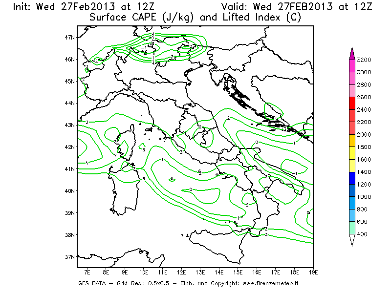 Mappa di analisi GFS - CAPE [J/kg] e Lifted Index [°C] in Italia
							del 27/02/2013 12 <!--googleoff: index-->UTC<!--googleon: index-->