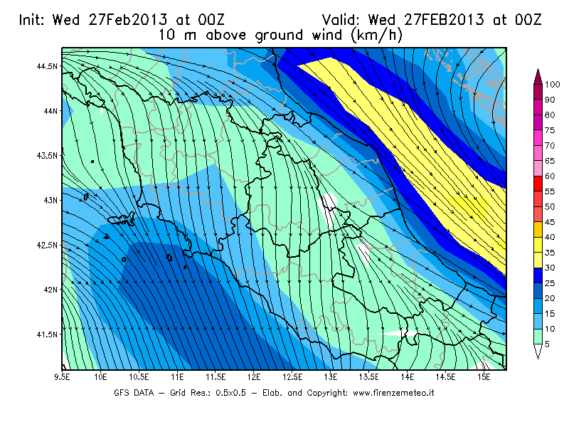 Mappa di analisi GFS - Velocità del vento a 10 metri dal suolo [km/h] in Centro-Italia
							del 27/02/2013 00 <!--googleoff: index-->UTC<!--googleon: index-->