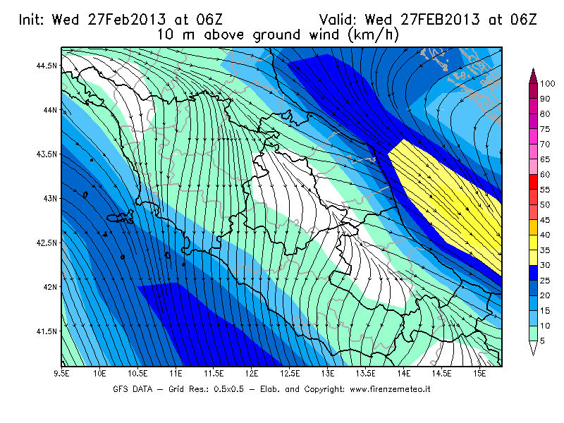 Mappa di analisi GFS - Velocità del vento a 10 metri dal suolo [km/h] in Centro-Italia
							del 27/02/2013 06 <!--googleoff: index-->UTC<!--googleon: index-->