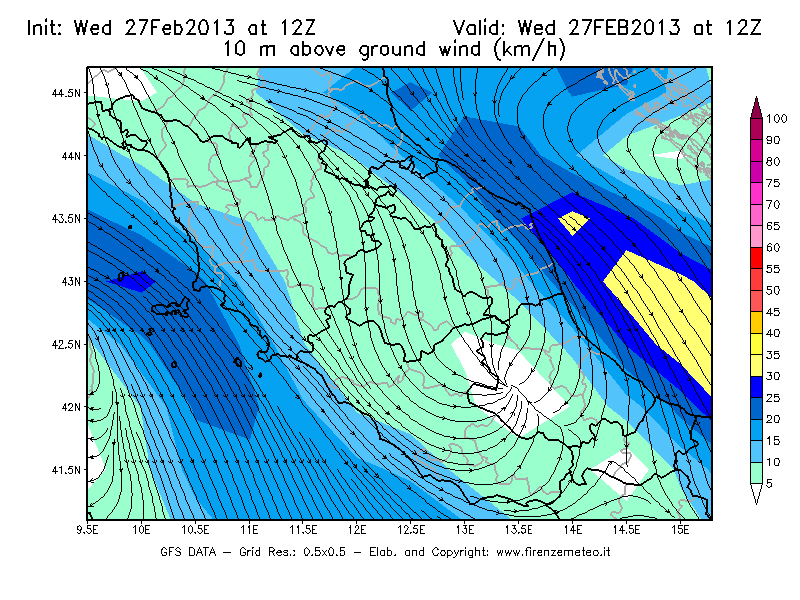 Mappa di analisi GFS - Velocità del vento a 10 metri dal suolo [km/h] in Centro-Italia
							del 27/02/2013 12 <!--googleoff: index-->UTC<!--googleon: index-->