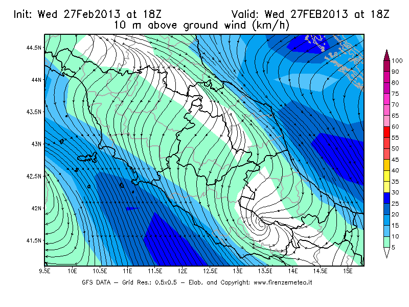 Mappa di analisi GFS - Velocità del vento a 10 metri dal suolo [km/h] in Centro-Italia
							del 27/02/2013 18 <!--googleoff: index-->UTC<!--googleon: index-->
