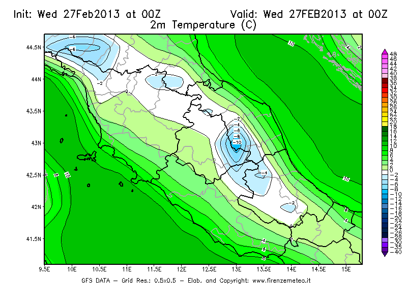 Mappa di analisi GFS - Temperatura a 2 metri dal suolo [°C] in Centro-Italia
							del 27/02/2013 00 <!--googleoff: index-->UTC<!--googleon: index-->