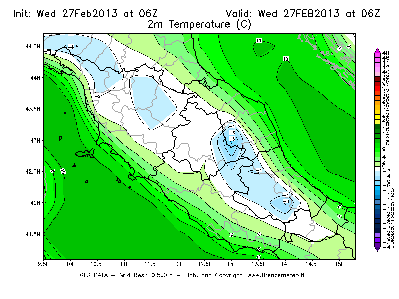 Mappa di analisi GFS - Temperatura a 2 metri dal suolo [°C] in Centro-Italia
							del 27/02/2013 06 <!--googleoff: index-->UTC<!--googleon: index-->